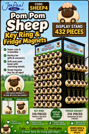 Pom Pom Sheep Magnet & Keyring 4 Sided Display
